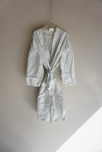 Simple Linen Co. Full view of hanging dressing gown in Double Pinstripe made from 100% French Flax Linen.