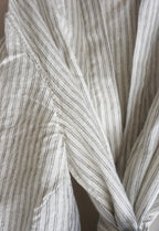 Close up view of Simple Linen Co's 100% French Flax Linen Double Pinstripe Dressing Gown.